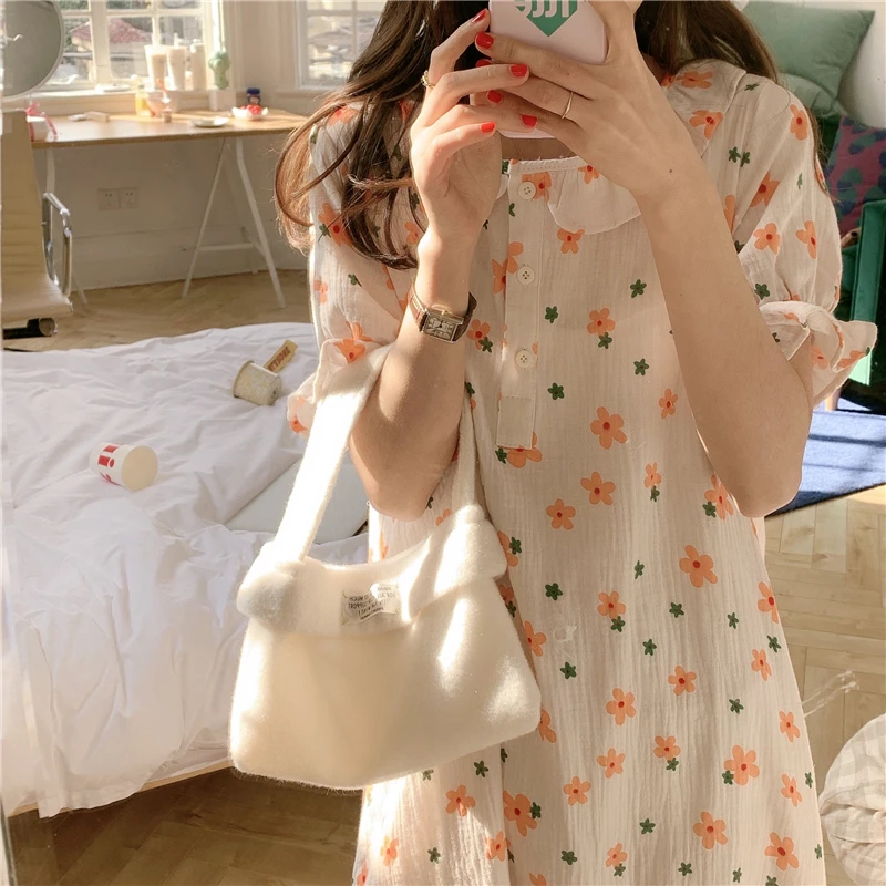 Kawaii Flowers Print Summer Nightgown Women O-Neck Ruffles Short Sleeve Pink Floral Long Sleepwear Night Dress 100% Cotton