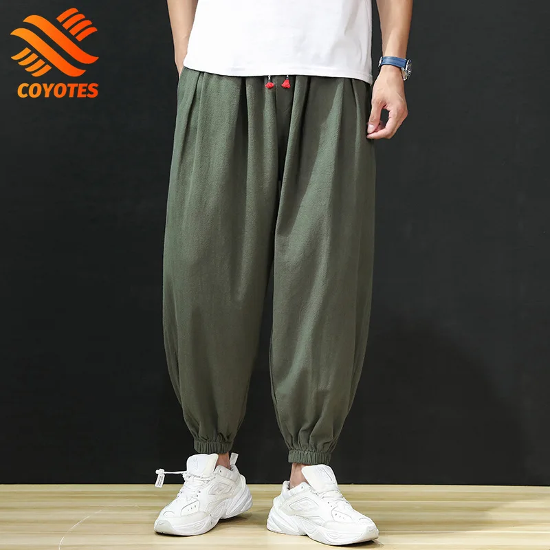 

COYOTES Cotton Linen Pants For Men Summer Elastic Waist Drawstring Harem Pants Solid Thin Loose Trousers Male Casual Trousers