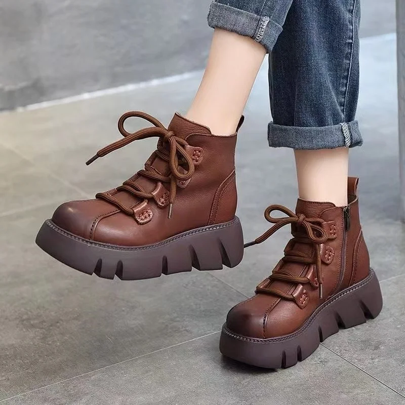 

Женские ботинки на шнуровке, Зимние ботильоны из натуральной кожи, на высоком каблуке, с круглым носком, 2022