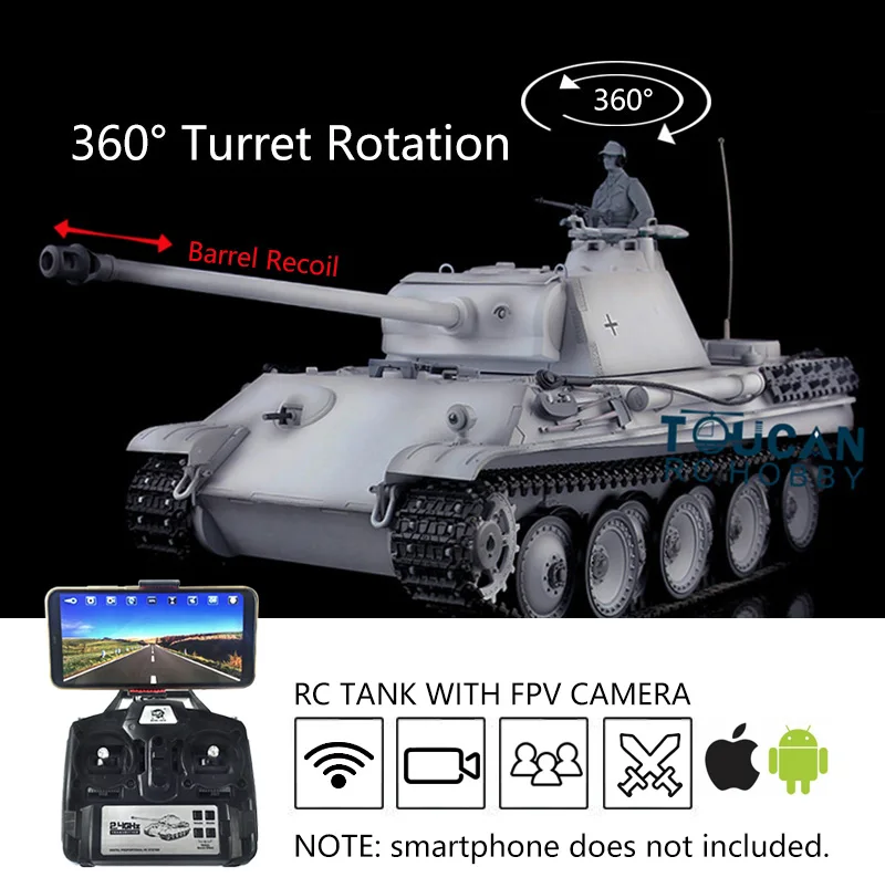 

Heng Long 1/16 7.0 RC Army Tank Upgraded FPV Panther G Barrel Recoil Toucan Ready to Run Panzer 3879 360° Turret TH17506-SMT8