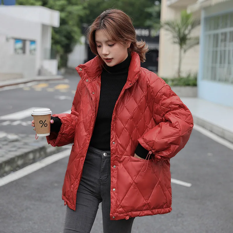 Hairless Collar Down Jacket White Duck Down Filled Long Sleeved Chessboard Composite Fabric Medium Length Puffer Jacket Winter