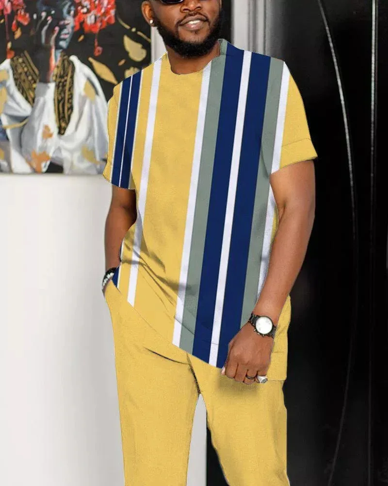 T Shirt Long Pants Tracksuit 2 Piece Summer Sweatshirt Trousers Striped Sportswear Yellow Street Outfit Casual Man Sets Clothing