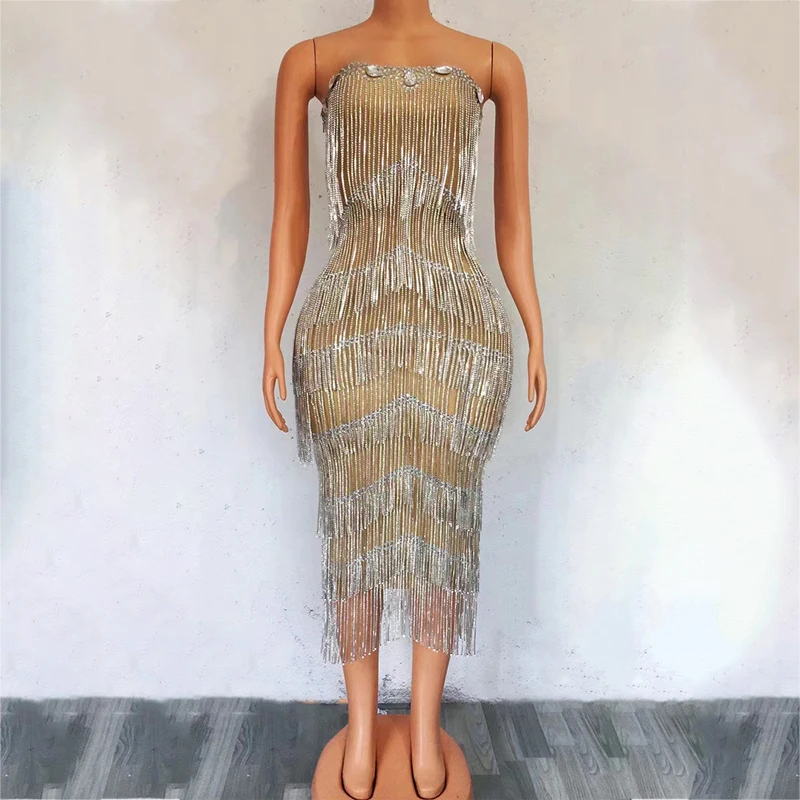 

Luxurious Layered Gold Full Fringes Dress Shiny Evening Birthday Celebrate Costume Women Dancer Show Party Dresses Outfit XS3882