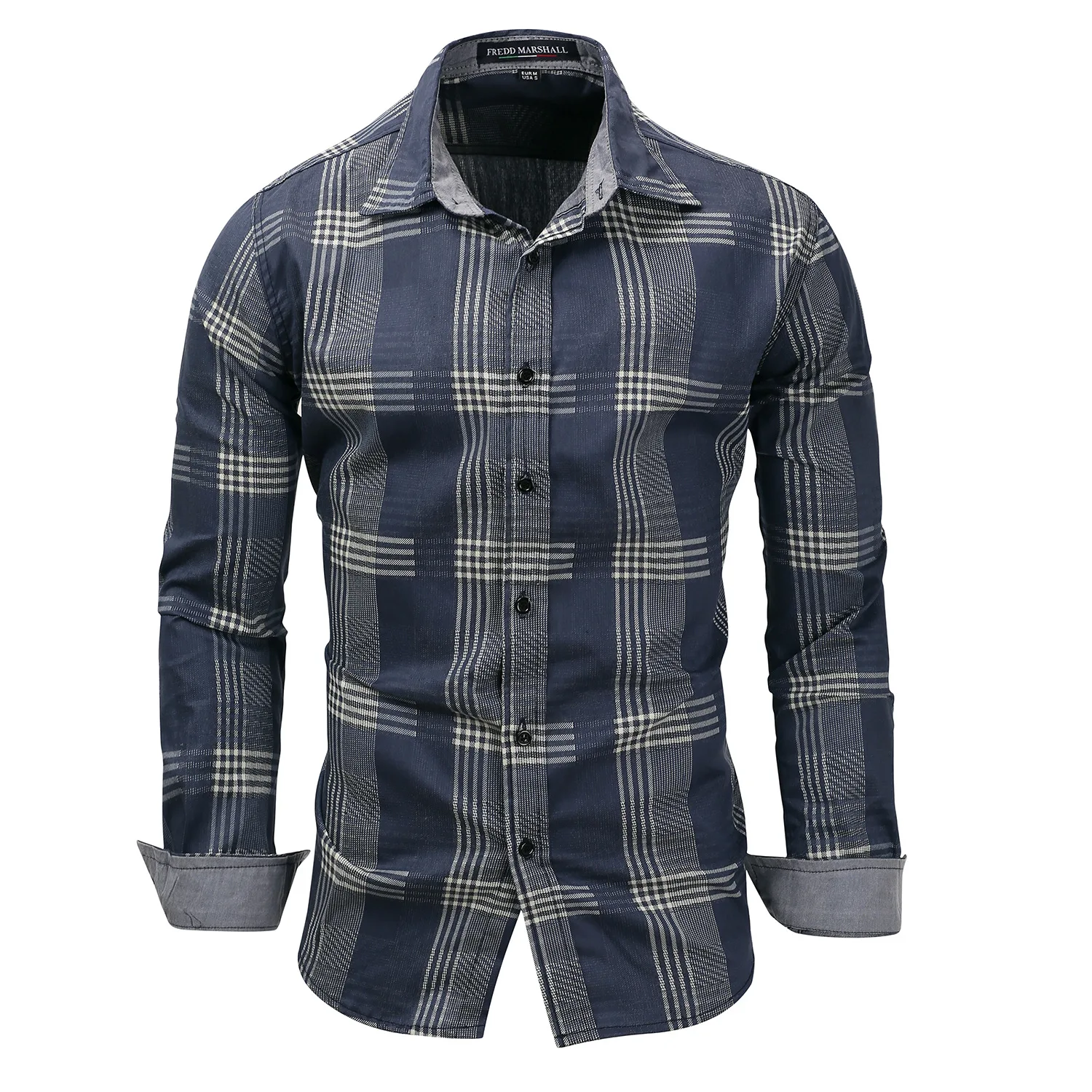 

LUCLESAM Men's Denim Shirts Color Contrast Plaid Shirt Plus Size New Casual Trend Long Sleeve Single Breasted shirt for Man
