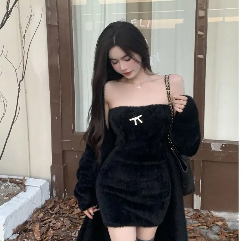 2022 Winter Knitted 2 Piece Suit Set Women Y2k Clothing Korean Fashion Female Casual Flannel Plush Cardigan cost and Mini Dress