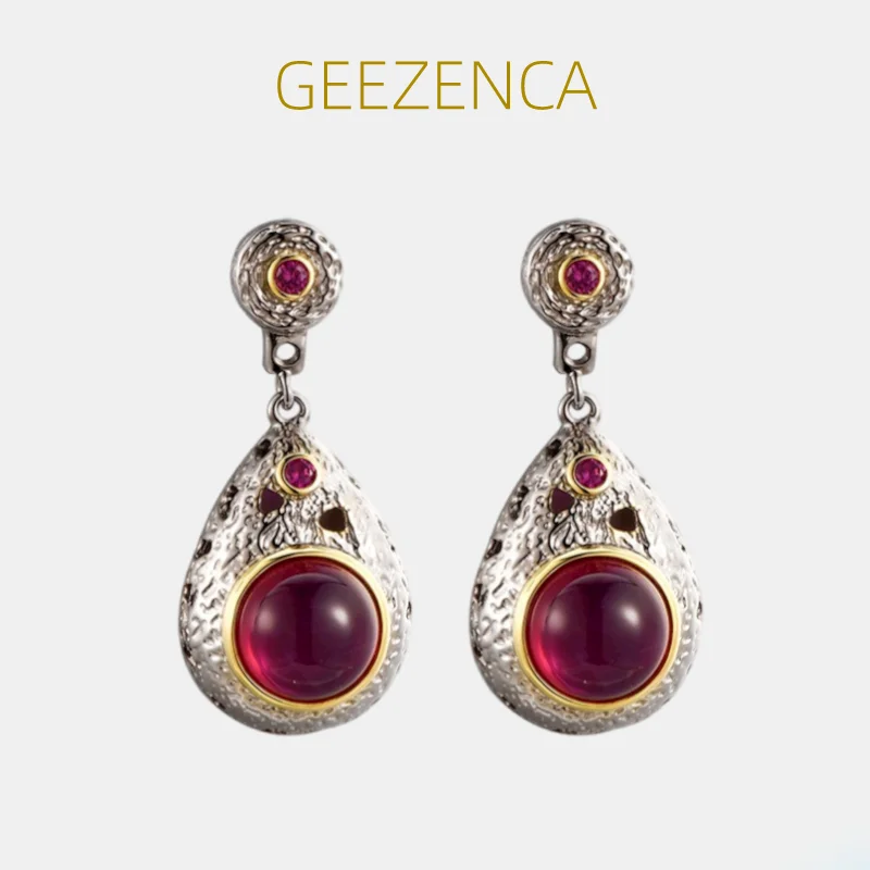 

GEEZENCA 925 Sterling Silver Red Corundum Dangle Earrings For Women Luxurious Court Style Water Drop Earring 2023 New Party Gift