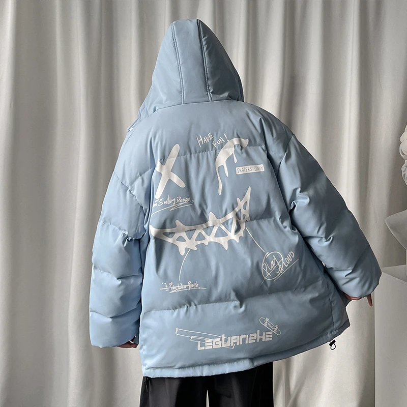 Winter Men Hooded Parkas 2022 New Thicking Casual Loose Warm Print Coat Hip Hop Streetwear Cotton Couples Ins Jacket Oversized