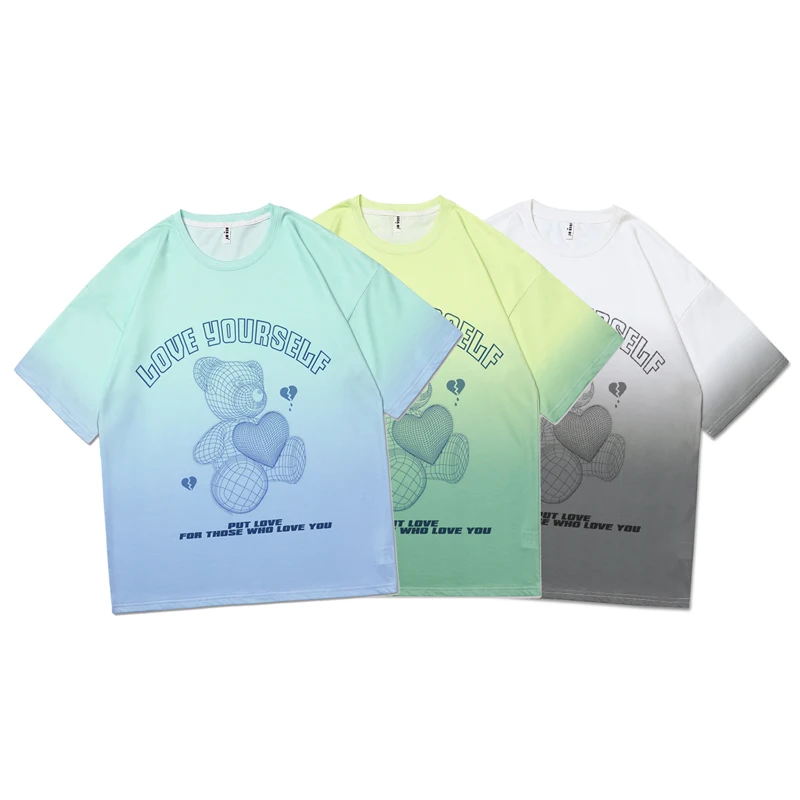 

Hip Hop Green Gradient Print Short Sleeve T Shirt Men Women Cartoon Bear Pattern Baggy Tees Tops Oversized T-shirt Couples