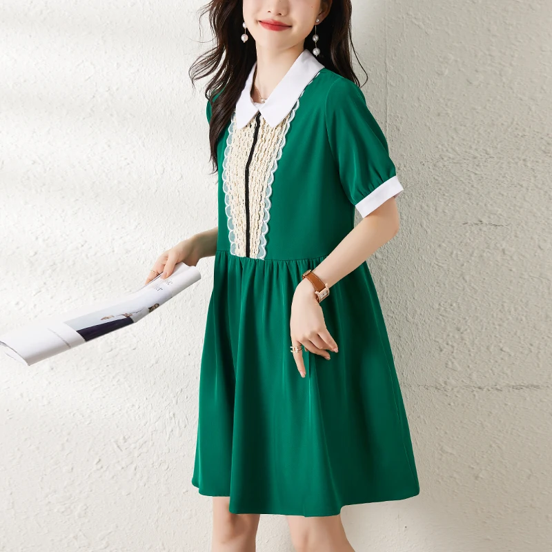 # 8026 Зеленое черное короткое платье трапециевидной формы с воротником Питера