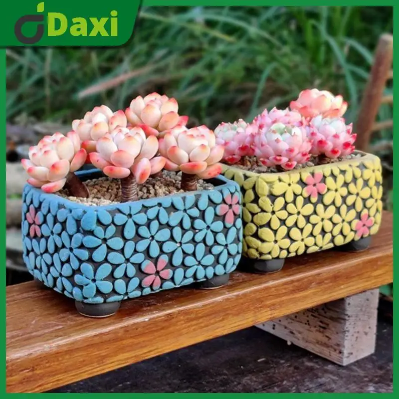 

Fashion Design Succulent Flower Pot Handmade Artistic Old Style Square Pot Cartoon Style Ceramic Flowerpot Flower Pot