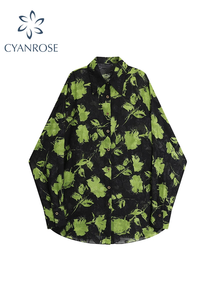 

Women Flower Print Green Shirts and Blouses Korean Long Sleeve 2023 Clothes Vintage Harajuku Casual Ladies Elegant Y2k Punk Tops