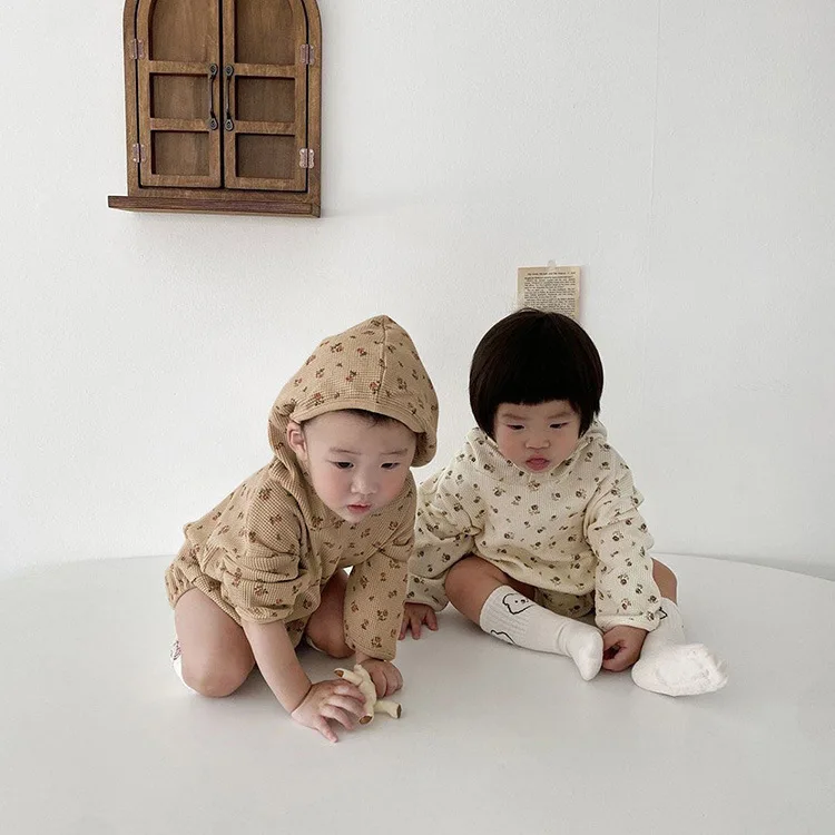 Freely Move 2022 Autumn Spring Rompers Baby Boys Girls Cute Long Sleeved with Cap Waffle Infant Kids Floral Jumpsuits