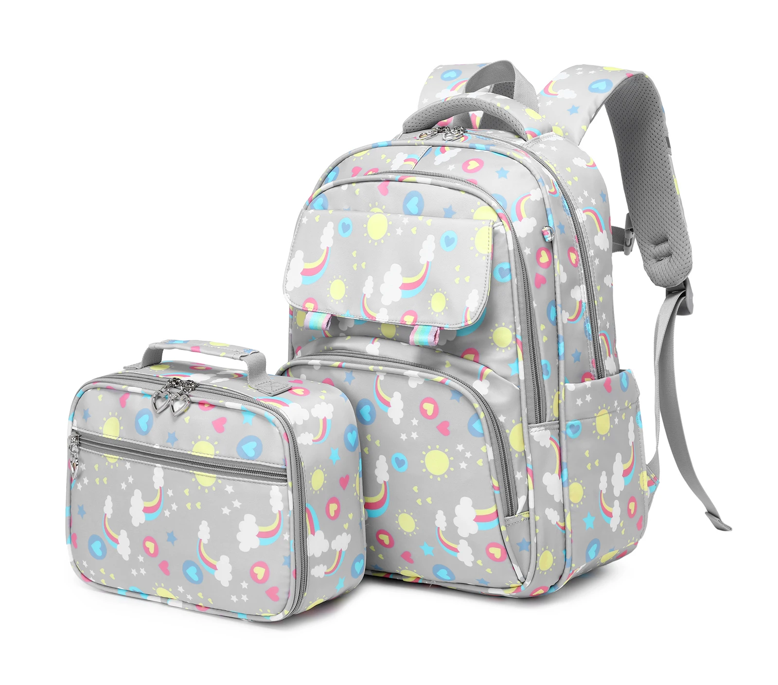 Набор рюкзаков для девочек, детский школьный портфель с ланч-боксом и милыми радужными принтами для начальной и дошкольной школы