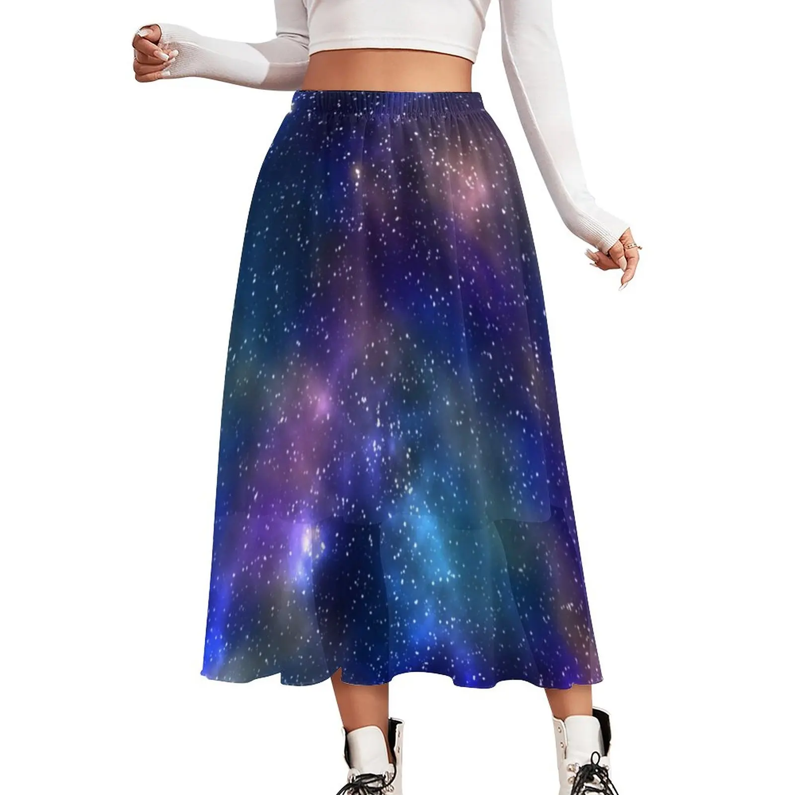 

Galaxy Sky Print Skirt Crescent Moon Space Vintage Boho Skirts Summer Korean Fashion Elastic Waist Chiffon Oversize A-line Skirt