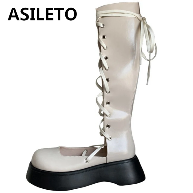 

ASILETO Summer Lady Platform Boots Round Toe Block Heel Cow Leather Lace-up Crossover Rome Big Size 33-40 Black Fashion S3408