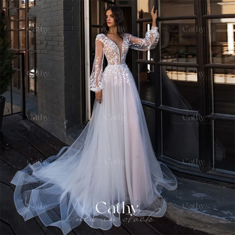 

Illusion Puffy Sleeve A-line Wedding Dress Sexy Deep V-neck Vestido De Novia Lace Appliques Bridal Dresses Vestido De Noiva