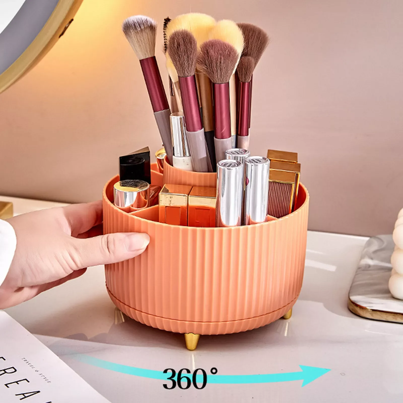 

Tabletop Makeup Brush Holder 6 Slots Make Up Tools Storage Cup 360 Degree Rotating Waterproof Space-Saving for Dresser Finishing