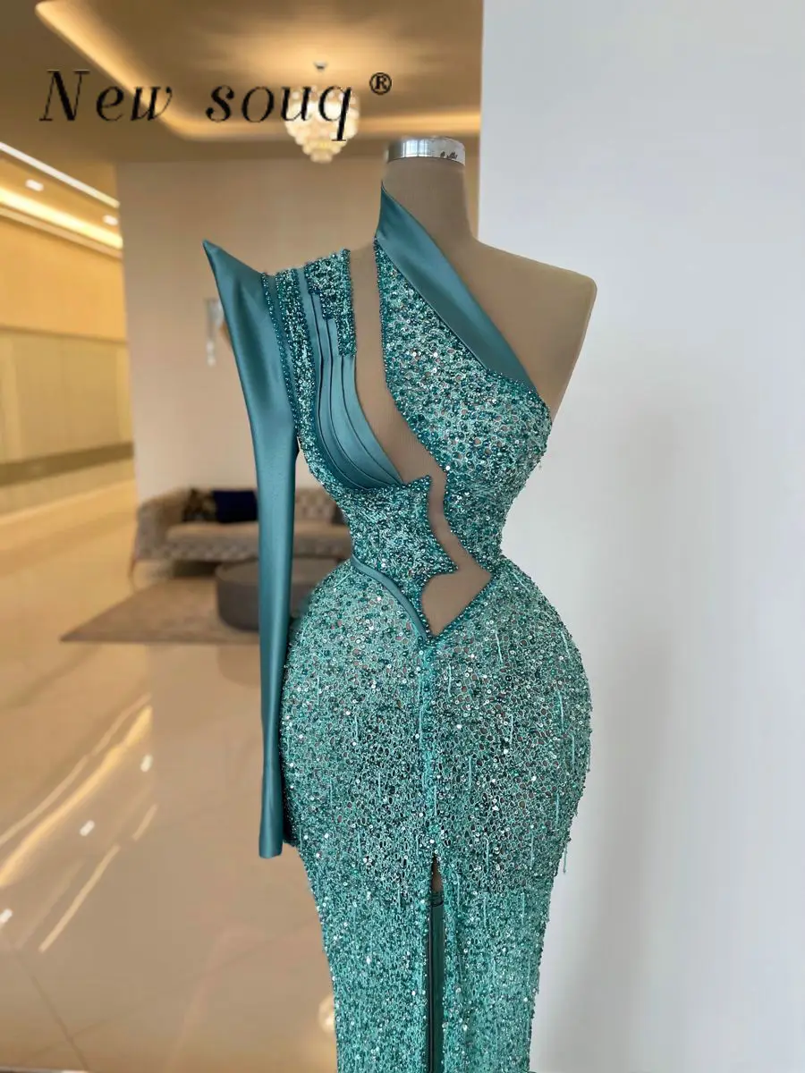 

Женское вечернее платье-русалка, бирюзовое платье с длинным рукавом и разрезом спереди, облегающее платье с блестками и разрезом спереди, л...