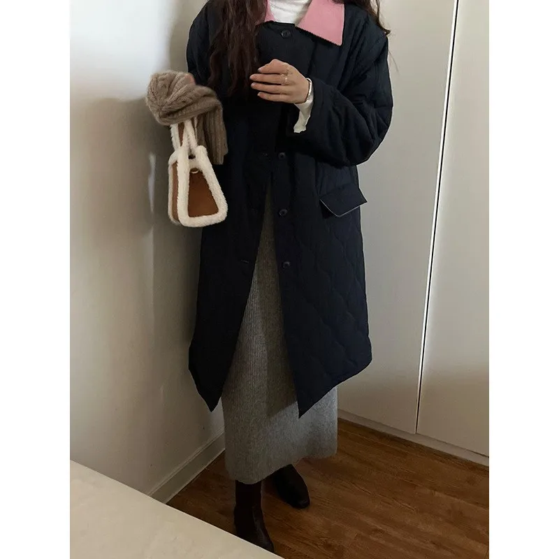 Collar Color Contrast Long Cotton Jacket Women Oversize Rhombus Pattern Long Parkas Female Warm Long Cotton Overcoat Outwears