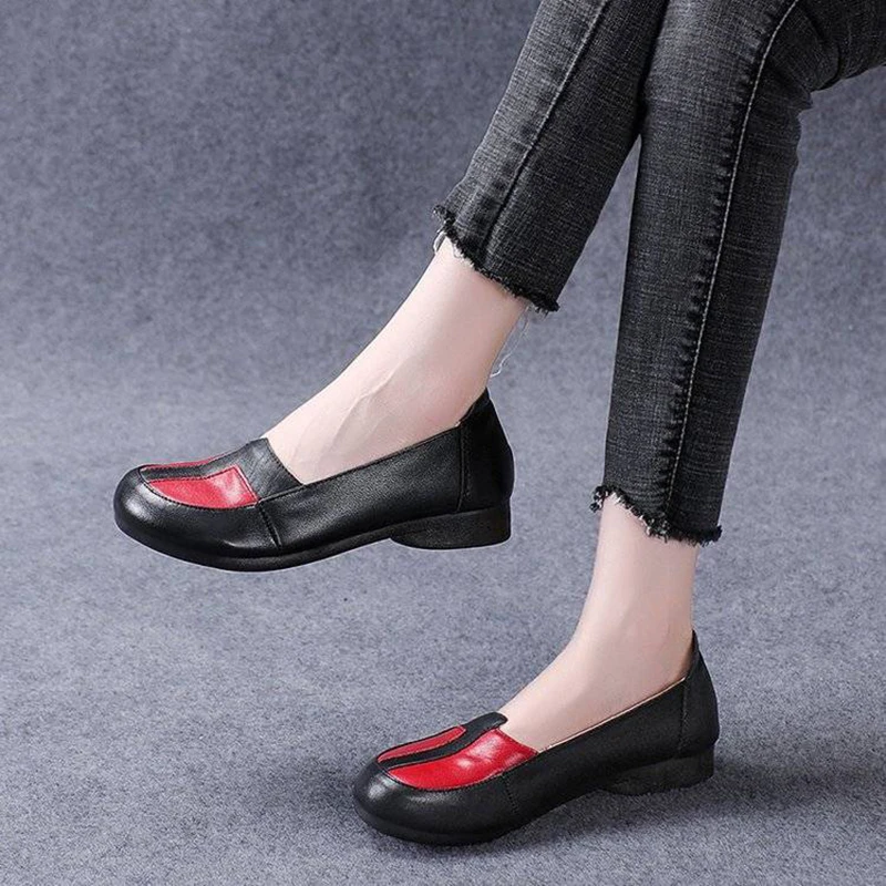 Large Size 42 Ballet Flats Women's Luxury Genuine Leather Shoes Mom Comfortable Driving Loafers Ladies Patches Slip On Moccasins