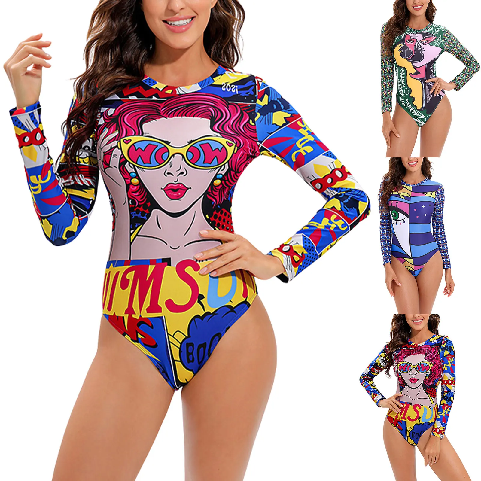 

Sexy Swimming Suit Cartoon Push Up Swimwear For Women One-Piece Cartoon Backless Swimwear Long Sleeve Swimming Suit