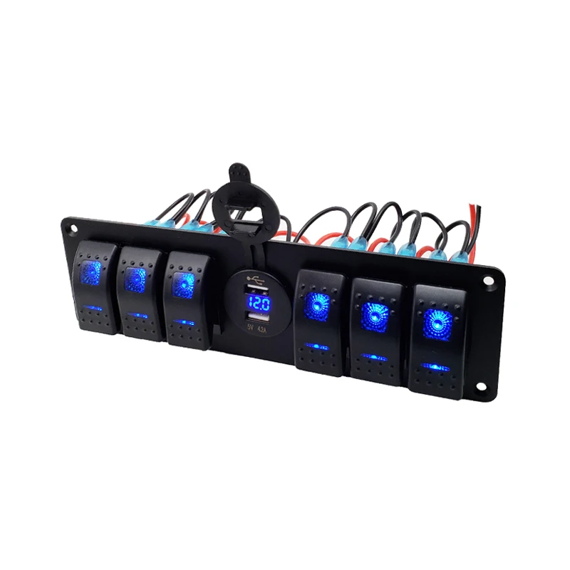 

Car Marine Circuit Breaker 6 Gang Rocker Switch Panel ON/OFF USB Port LED Digital Voltmeter DC 12V/24V For Car RV Truck ATV UTV