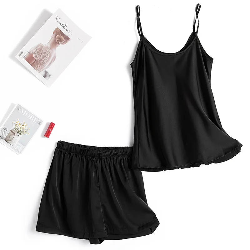 2 Pcs Summer Pajamas Women Silk Slip and Pants Ladies Satin Sleepwear Solid Comfortable Pijama Suit Home Cloth for Female 2022