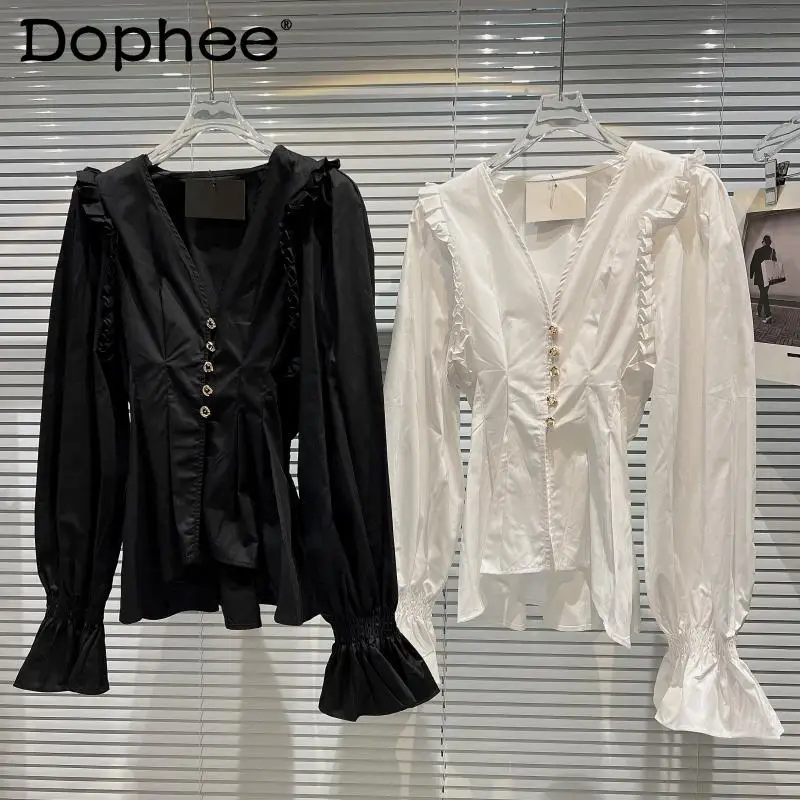 

2022 Spring New Elegant V-neck Pleated Lace Flared Long-Sleeved Shirt for Women Slim Fit Black White Office Ladies Blouse Tops