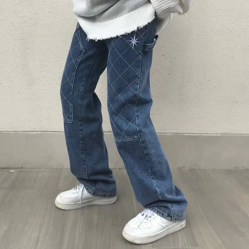 

Letter Embroidery Straight Spliced Ripped Blue Mens and Womens Jeans Pants Retrp Pcokets High Street Baggy Casual Denim Trousers