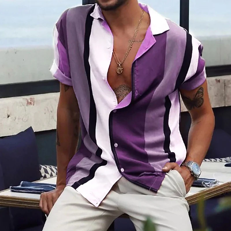 

Men's Shirt Striped Collar Street Daily Button-Down Print Short Sleeve Tops Casual Fashion Breathable Comfortable Brown Summer
