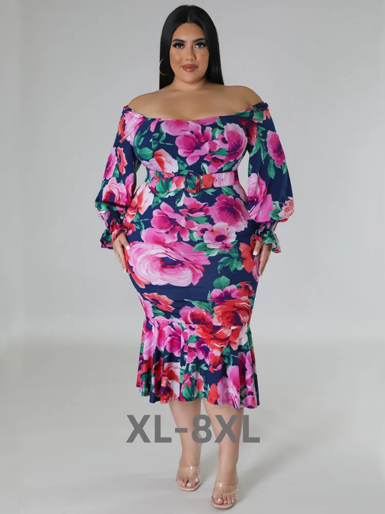 

Plus Size Dresses for Women Summer Holiday Clothing Floral Print Off Shoulder Maxi Dress Wholesale Dro 3xl 4xl 5xl 6xl