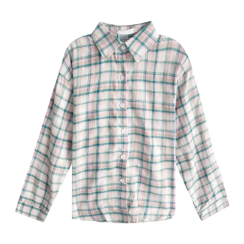 

Small Fresh Pink Green Contrast Color Plaid POLO Collar Loose Simple Casual Long Sleeve Shirt