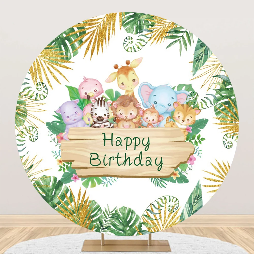 

Laeacco Cartoon Wild Animals Safari Party Round Backdrop Forest Jungle Theme Kids Baby Birthday Portrait Photography Background