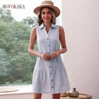 movokaka summer woman cotton linen blue dress casual holiday single breasted vestidos turn down collar sleeveless button dresses