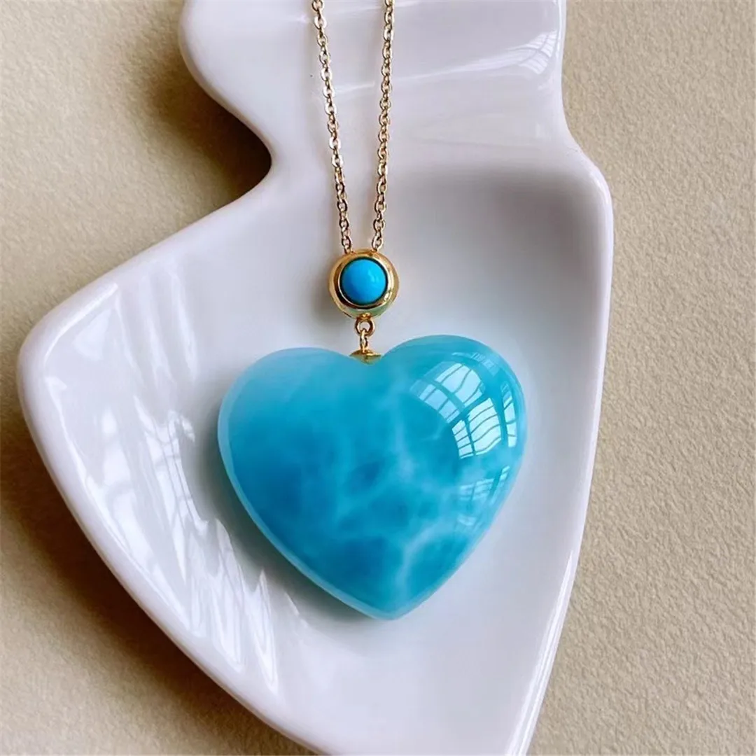 

Natural Larimar Pendant Jewelry For Women Man 28x25x9mm Beads Blue Crystal Stone 18K Gold Dominica Water Pattern Gemstone AAAAA