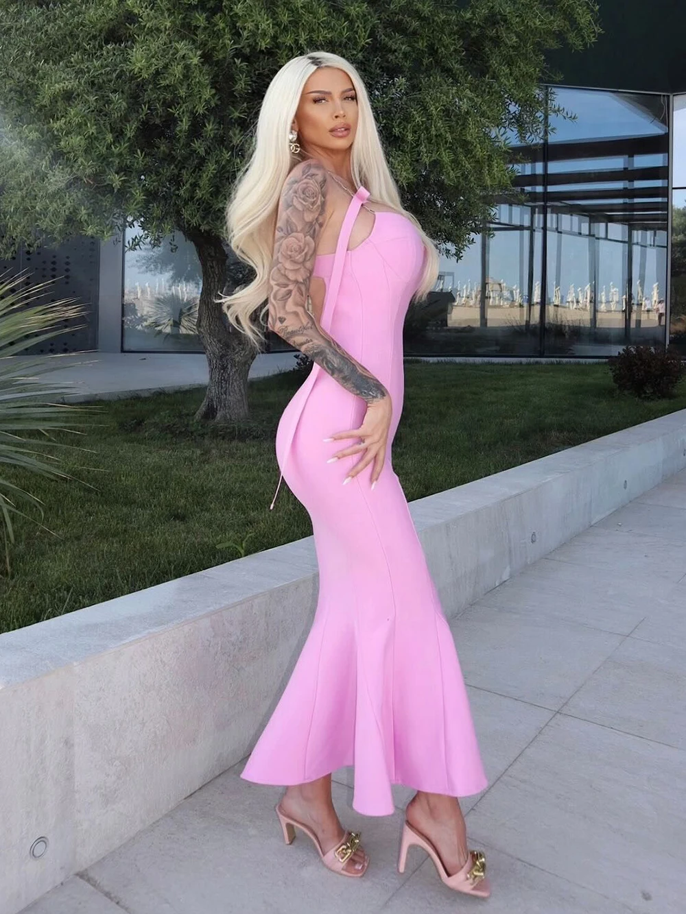 2023 летнее сексуальное женское розовое облегающее платье на бретельках с