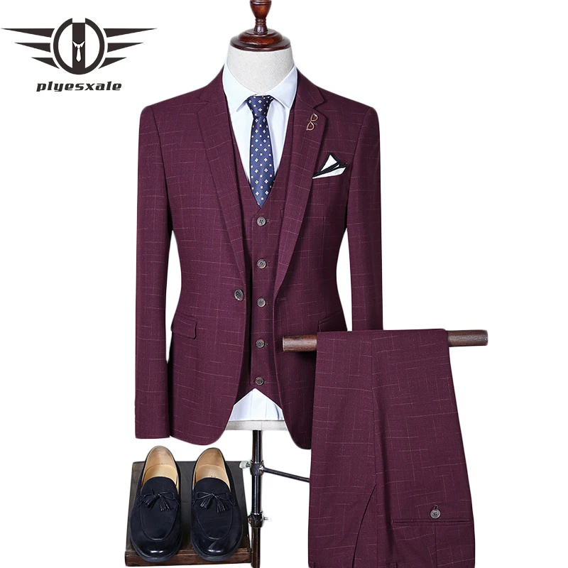 

Plyesxale Men Suits For Wedding 2022 Slim Fit Men's Suits Formal Navy Blue Burgundy Tuxedo Jacket Brand 3 Piece Plaid Suit Q274