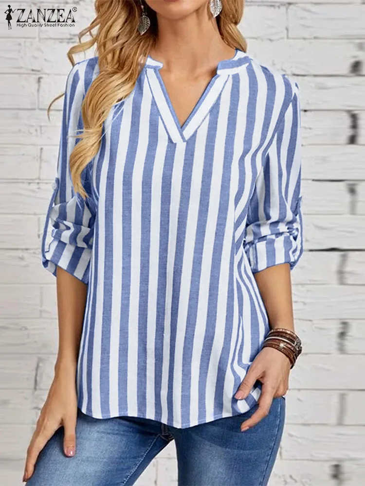 

Блузка ZANZEA Женская в богемную полоску, элегантный топ с длинным рукавом и V-образным вырезом, Офисная рубашка оверсайз, весна