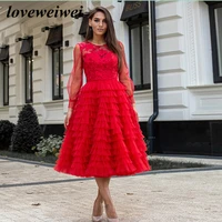 loveweiwei wonderful red prom dress long sleeve evening dresses a line ruffled tulle party dress tea length party occasion gown