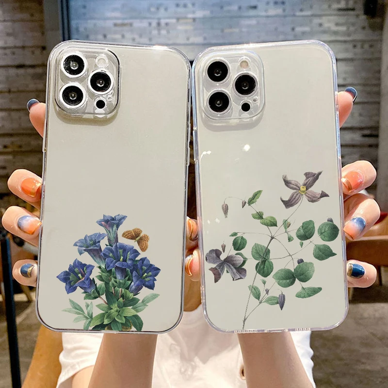 

Simple Flowers For iPhone 13 12 11 Pro Max 13 12 Mini 6 6S 7 8 Plus SE2 X XR XS Max Clear Phone Case Shockproof Carcasa Black