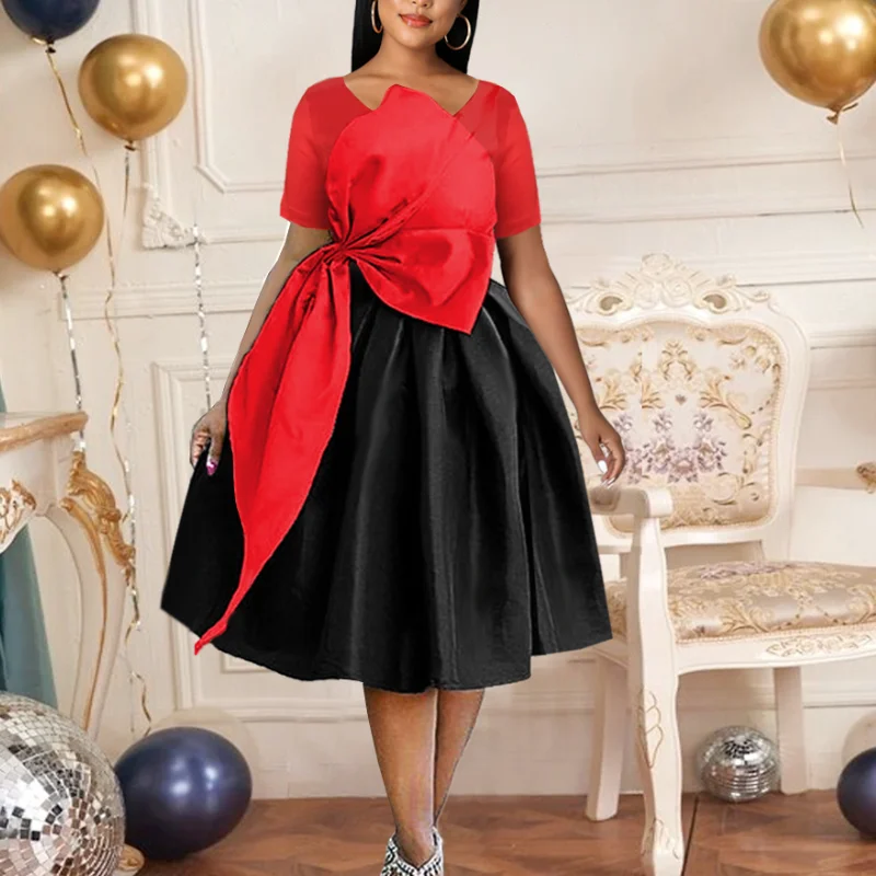 

Big Bow Dresses for Women Shiny Black Red Patchwork Ball Gowns Christmas Event Short Sleeve Ladies Dress Birthday Party 2022 New