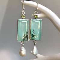 vintage square green opal stone dangle earrings for women ethnic silver color round stone pearl earring party jewelry