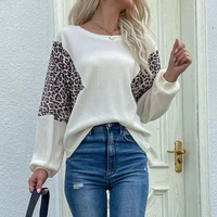 womens sweaters casual leopard print patchwork long sleeve knitted pullover sweater tops apricot