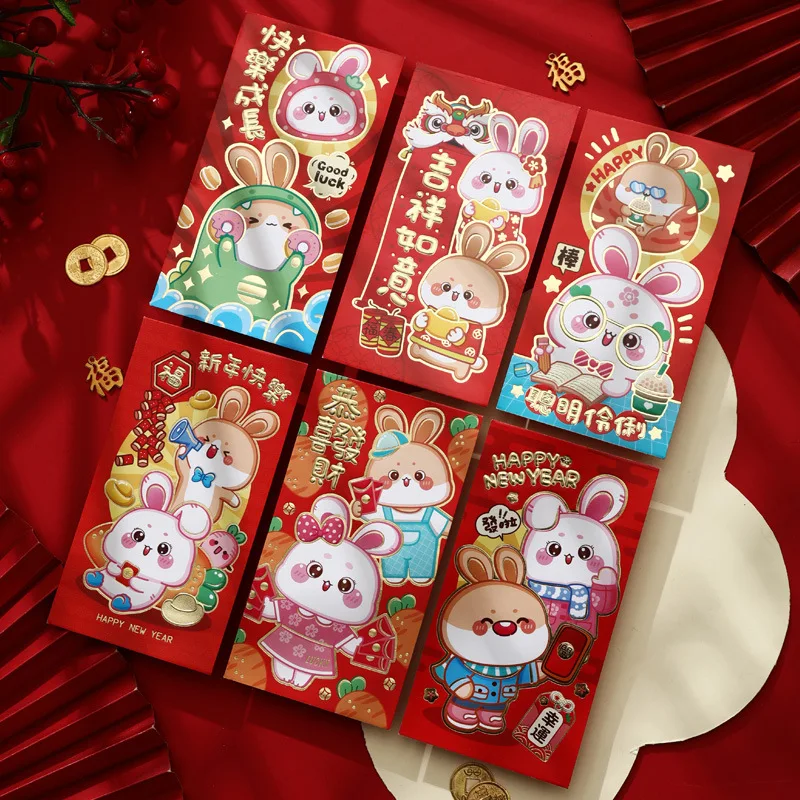 

6 шт. красный конверт для китайского Нового года, мультяшный кролик из мультфильма, Новогодняя Сумка-столица, Подарочная сумка, креативный к...