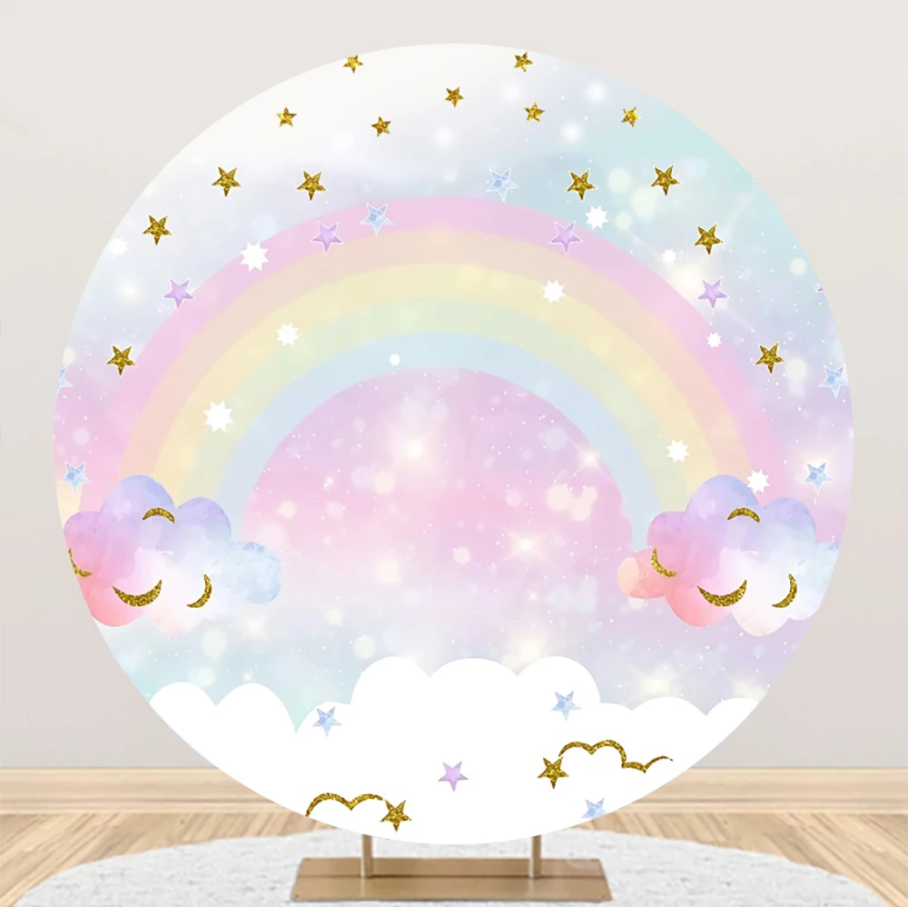 

Laeacco Rainbow Theme Birthday Round Backdrop Sprinkled Gold Dots Stars Girls Baby Shower Portrait Custom Photography Background