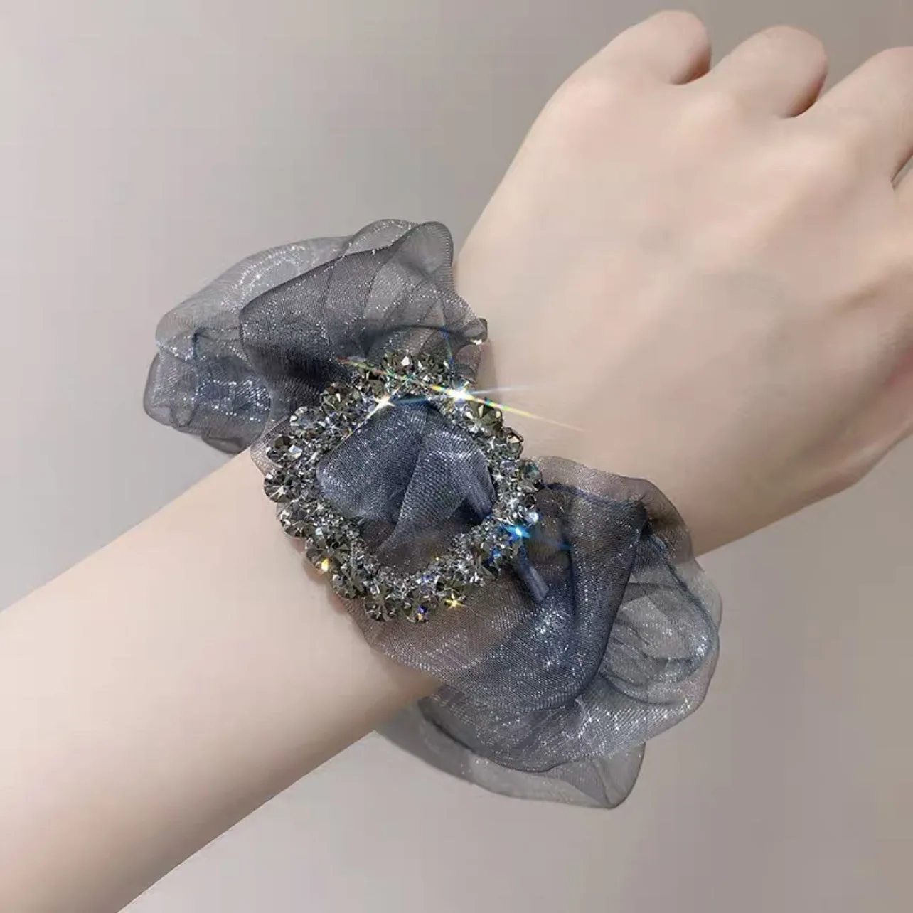 

Korean New Rhinestone Organza Rubber Band Hair Band Large Intestine Hair Binding French Exquisite Hair Accessories Headdress