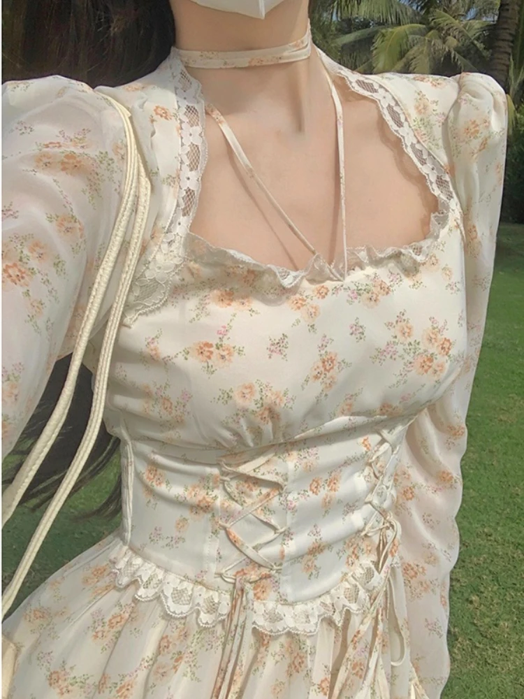 

2022 Summer Elegant Y2k Midi Dress Women Casual Lace One Piece Dress Korean Sweet Vintage Floral Dress Party Female Long Sleeve