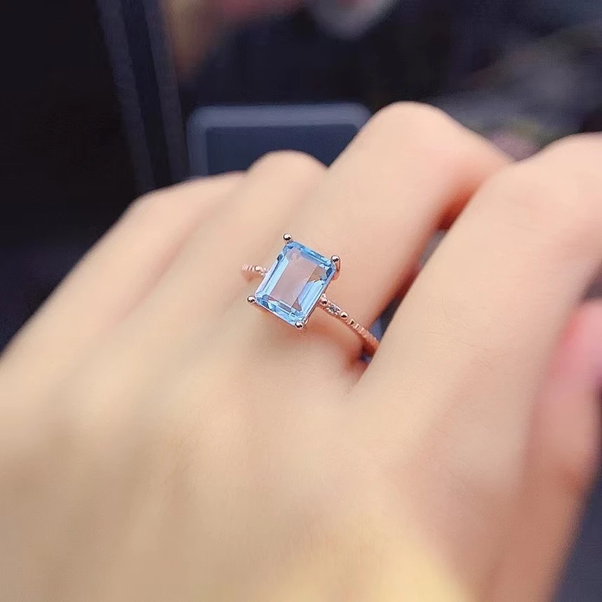 

MeiBaPJ Natural Blue Topaz Fashion Rectangle Ring for Women Real 925 Sterling Silver Fine Wedding Jewelry