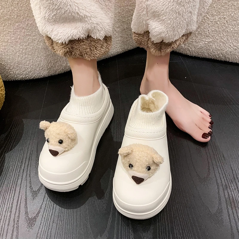 

Women's 2022 Autumn and Winter New Fashion Cartoon Plush Bear Comfortable Versatile Waterproof Non Slip Plush Warm Flat Shoes