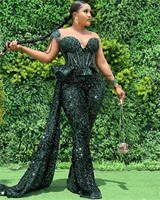 Hunter Green Jumpsuits Prom Dresses 2022 Sheer Neck Sequined African Formal Evening Gowns Plus Size Mermaid Women Party Dress
